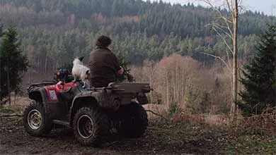 man sitting on ATV with dog