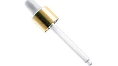 Dropper with white bulb, gold cap, and a liquid drop on its clear tip.