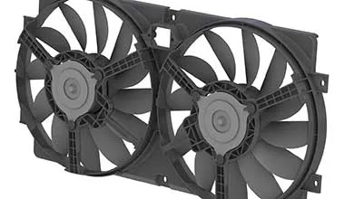 Dual electric cooling fans mounted in a rectangular plastic housing, showing reinforced thermoplastic construction.