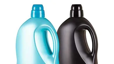 blue and black containers sitting side by side on a white background