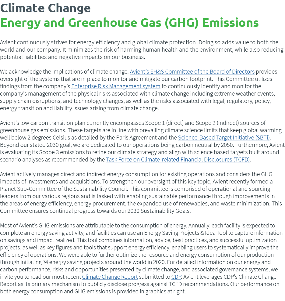 Climate Change Energy and Greenhouse Gas (GHG) Emissions  Avient continuously strives for energy efficiency and globa   